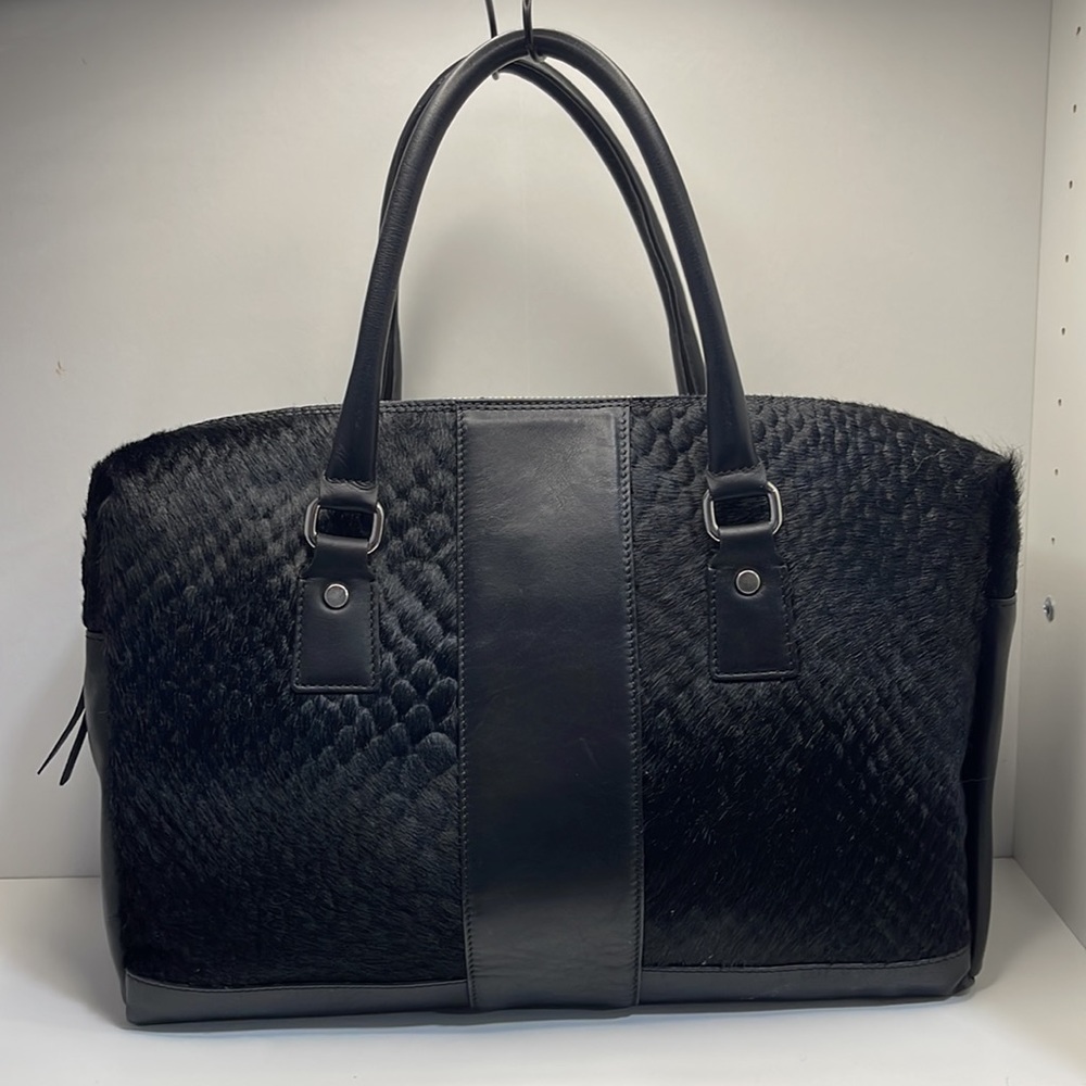 Innue Black Leather and Fur Satchel Bag